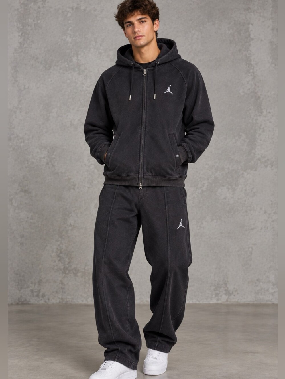 Vintage Jordan Jumpman Logo Full Zip Hoodie Pant Sweatsuit Black Red Mens L XL